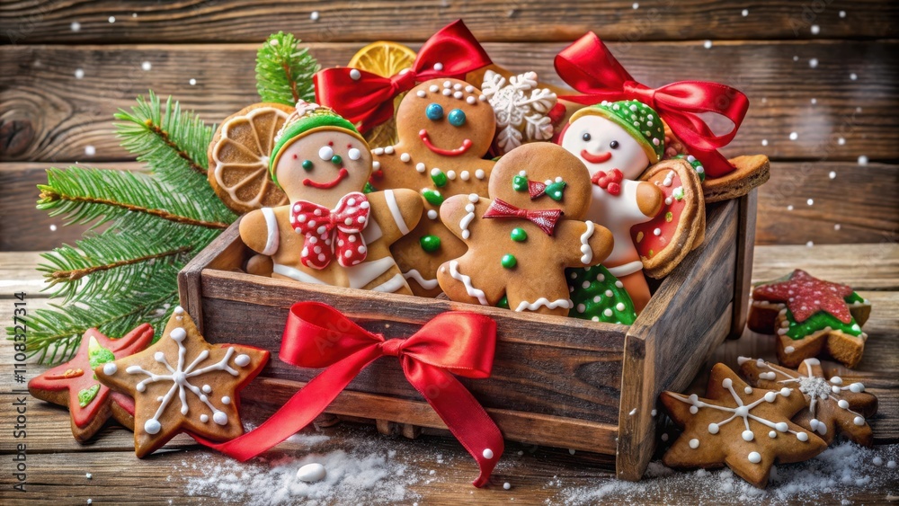 Poster A Rustic Wooden Crate Overflowing with Festive Gingerbread Cookies and Decorated with Red Ribbons and a Sprig of Pine