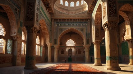 Obraz premium Sunlit interior of a grand mosque, showcasing intricate architecture, arches, columns, and a prayer rug.