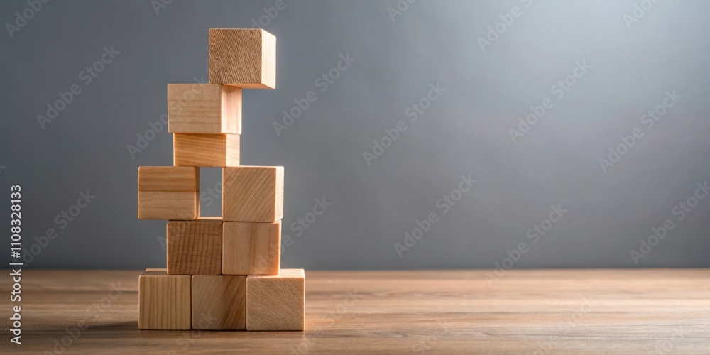 Poster wooden blocks stacked in an uneven tower on a wooden tabletop against a grey background