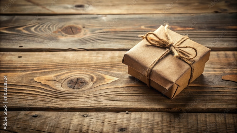 Poster a rustic brown gift box tied with twine sits on a weathered wooden surface, evoking a sense of nosta