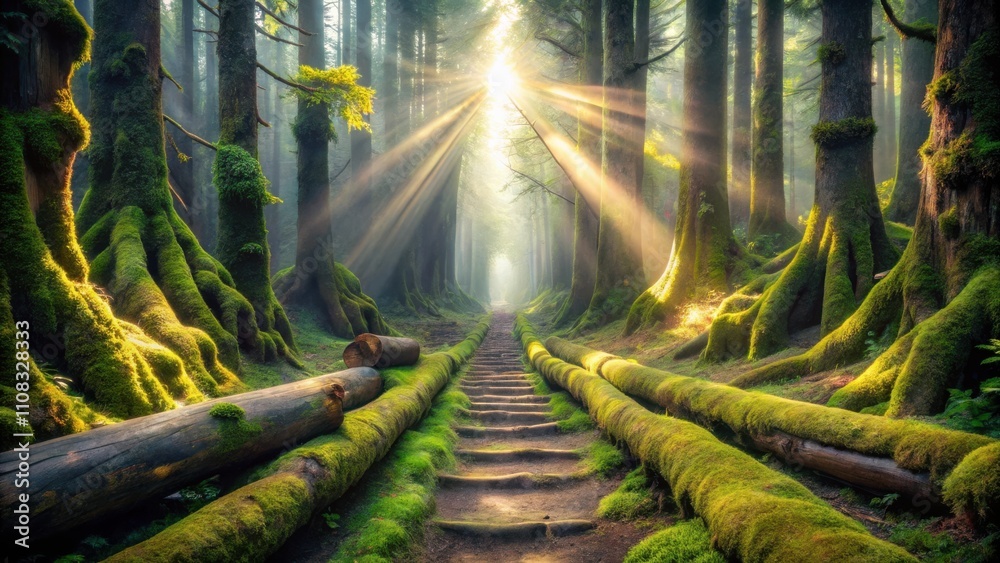 Aufkleber golden rays of sunlight pierce through a dense forest, illuminating a moss-covered path leading upwa