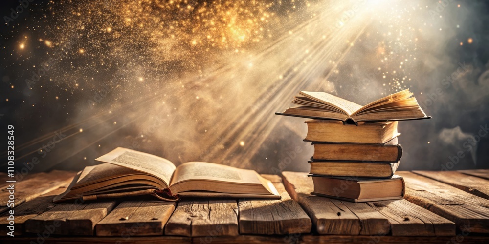 Poster A Stack of Vintage Books on a Wooden Table with Golden Light and Dust Particles