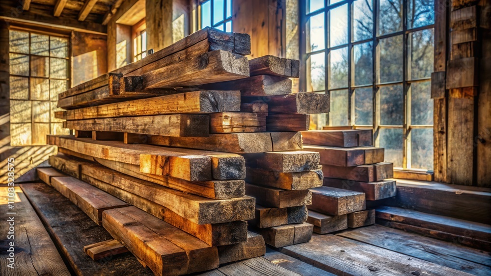 Poster a weathered wooden plank stack sits in a rustic warehouse, bathed in the warm glow of sunlight filte