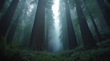 Obraz premium Tall Redwood Trees in a Foggy Forest