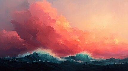 Fototapeta premium A painting of a stormy ocean with a pink and purple sky
