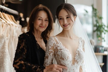 Fototapeta premium Bride and mother joyfully selecting a wedding dress in a stylish boutique during a memorable fitting session