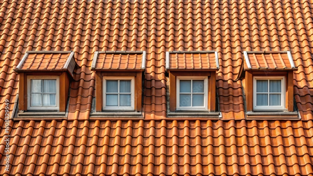 Aufkleber a symmetrical row of four dormer windows with white frames against a backdrop of terracotta roof til