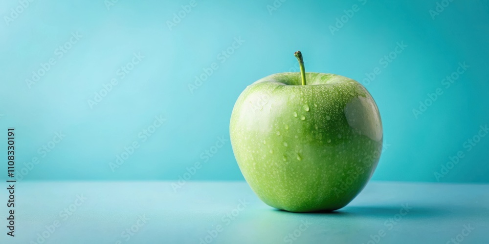 Poster a single, dewy green apple on a vibrant blue surface, a simple yet captivating study in color and te