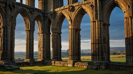 Obraz premium Golden hour sunlight illuminates the arched interior of ancient stone ruins, overlooking a serene landscape.