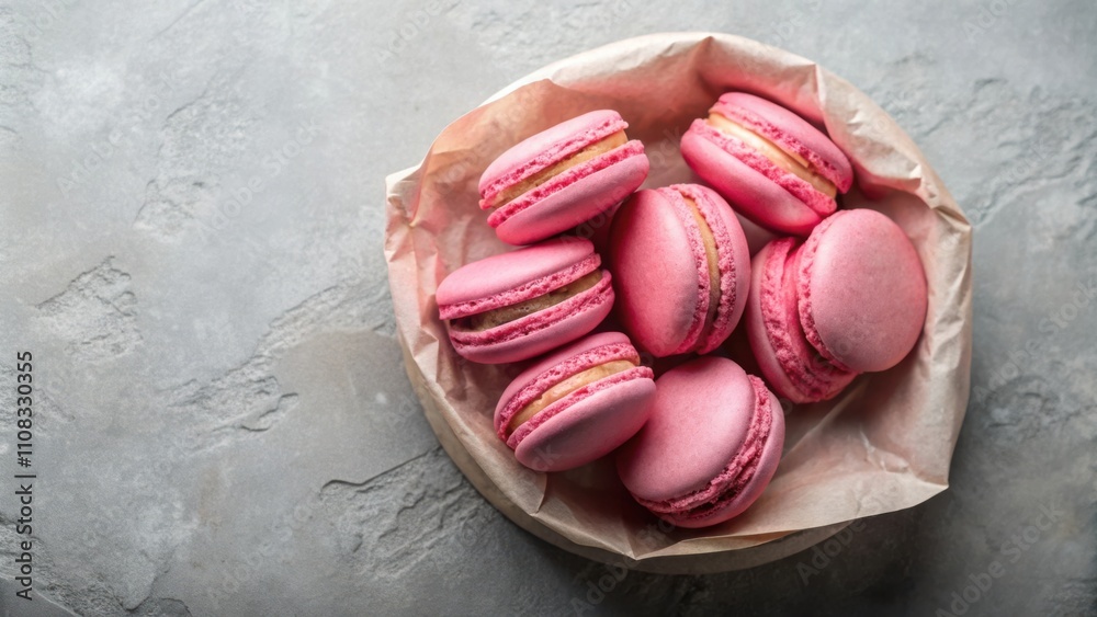 Poster a close-up view of pink macarons in a paper bowl on a grey textured surface