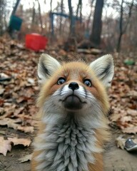 Obraz premium Curious wide-eyed fox kit explores leafy forest floor nature outdoor environment close-up view conceptual wonder