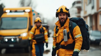 Firefighter in Bright Yellow Uniform with Emergency Response Team in Urban Environment During Rescue Operation