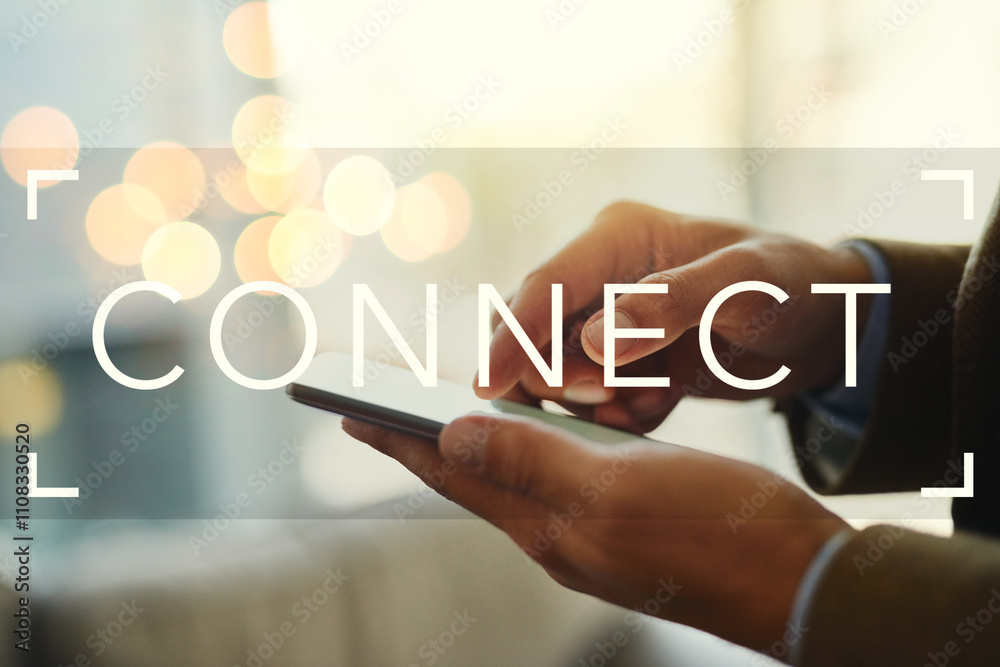Poster connect, hands and phone screen as mobile for networking, communication or update in modern office. 