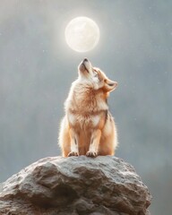 Obraz premium Wolf howling at the rising moon nature landscape evening atmosphere conceptual wildlife serene viewpoint