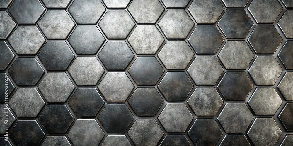 Poster a seamless pattern of metallic hexagonal tiles with a textured surface and subtle variations in colo