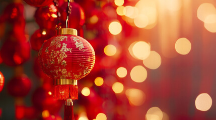 Obraz premium Colorful red lanterns illuminate a festive celebration in a vibrant market setting