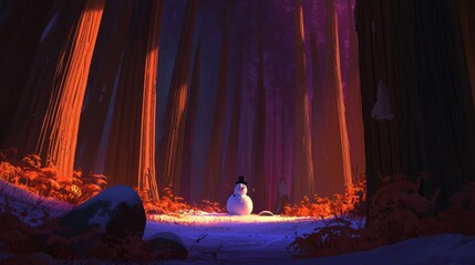 Mystical forest winter wonderland enchanted snowman in a serene animated scene
