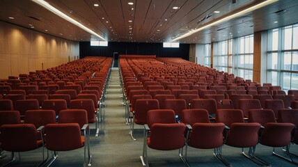 Naklejka premium Here's a possible and keyword list for your stock photo.. Empty auditorium with red chairs, ready for event.