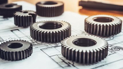 Engineering concepts close-up view of mechanical gears on technical workshop blueprint