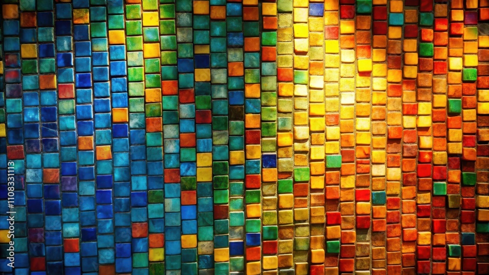 Poster a mosaic wall of colorful square tiles with a gradient from deep blue to bright yellow, creating a v