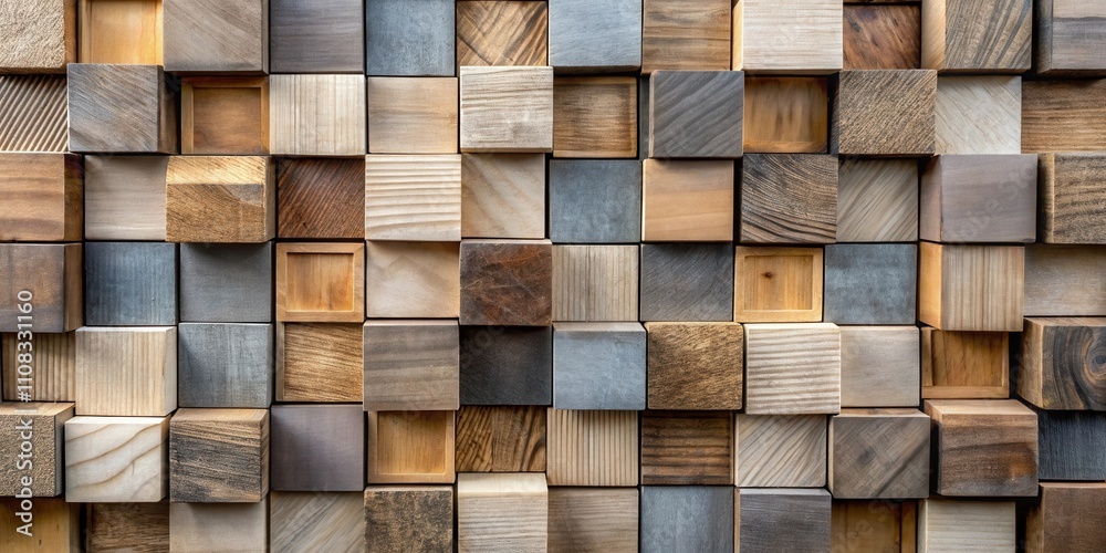 Poster a textured wall of varied wood block panels, each displaying a unique grain and color pattern