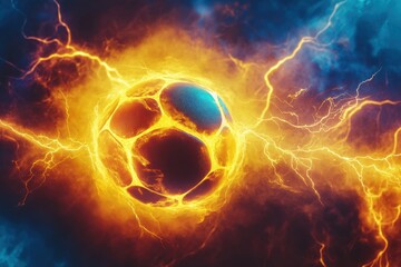 Fototapeta premium Soccer enveloped in bright yellow lightning, with electric currents expressing excitement and dynamism, representing the energetic essence of the sport