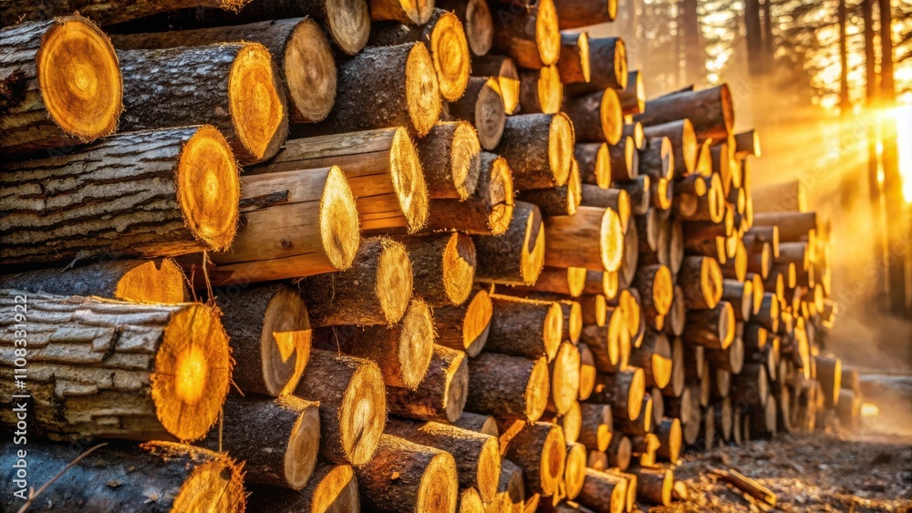 Aufkleber a towering stack of felled tree logs glows with warm light from the setting sun, casting long shadow