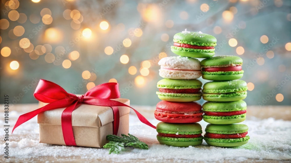 Poster Festive Macarons and a Gift Box Adorned with a Red Bow on a Snowy Surface with a Sparkling Background