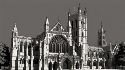 Fototapeta premium Here's a possible and keyword list for your stock photo.. Monochrome architectural rendering of a grand Gothic cathedral.