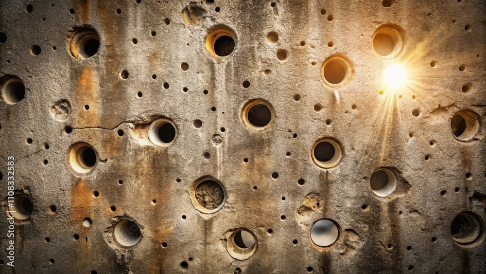 Poster A weathered concrete surface with a multitude of round holes, some large and some small, arranged in a seemingly random pattern, illuminated by the warm glow of the setting sun.