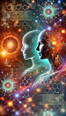 An abstract illustration representing futuristic technology and artificial intelligence, featuring glowing circuits, holographic elements, and vibrant gradients in blue, gold, and silver tones. A seam