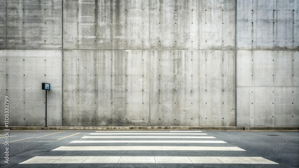 Aufkleber a solitary crosswalk in front of a large, weathered concrete wall with a single pole and a small sig
