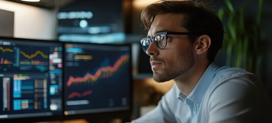Fototapeta premium Focused Trader Analyzing Market Data on Multiple Screens