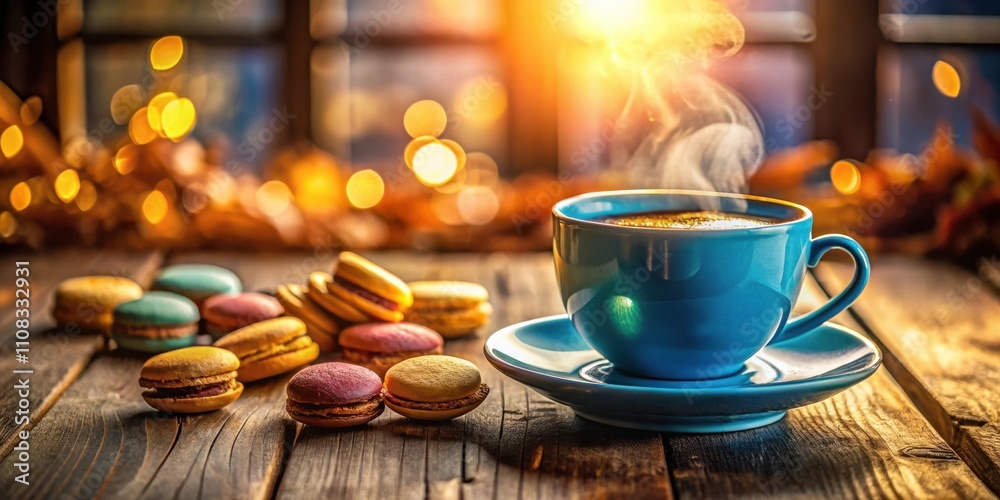 Poster a steaming cup of coffee and colorful macarons on a rustic wooden table with warm, inviting lighting