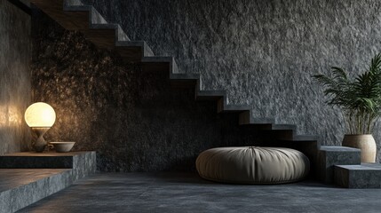 Serene Minimalist Interior Design with Stone Wall and Wooden Staircase