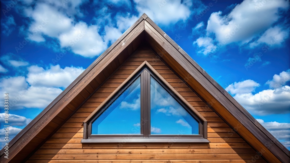 Aufkleber a triangular window in a wooden roof frame against a clear blue sky with white clouds