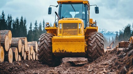 Fototapeta premium A yellow construction vehicle is driving through a muddy field