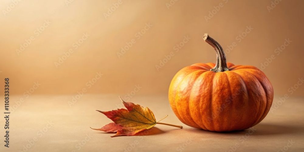 Poster a single pumpkin and a fallen leaf rest on a tan surface