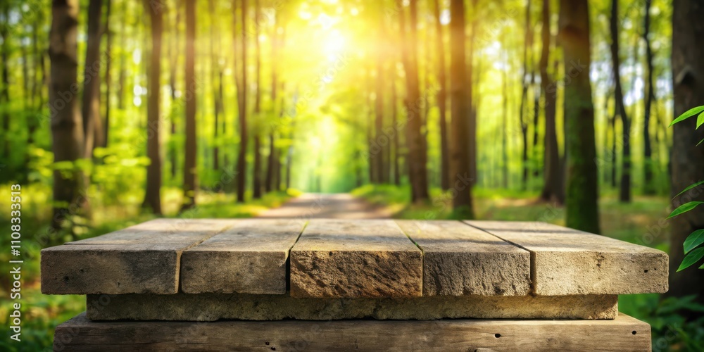 Poster Rustic Wooden Tabletop Set Against a Serene Forest Background with Sunbeams Streaming Through the Trees
