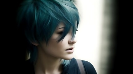 Fototapeta premium Teal Haired Woman Pensive Profile Portrait