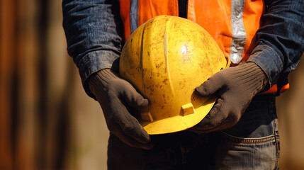 Construction safety emphasized: A worker in protective gear holds a yellow safety helmet, highlighting the importance of proper equipment in ensuring workplace safety.