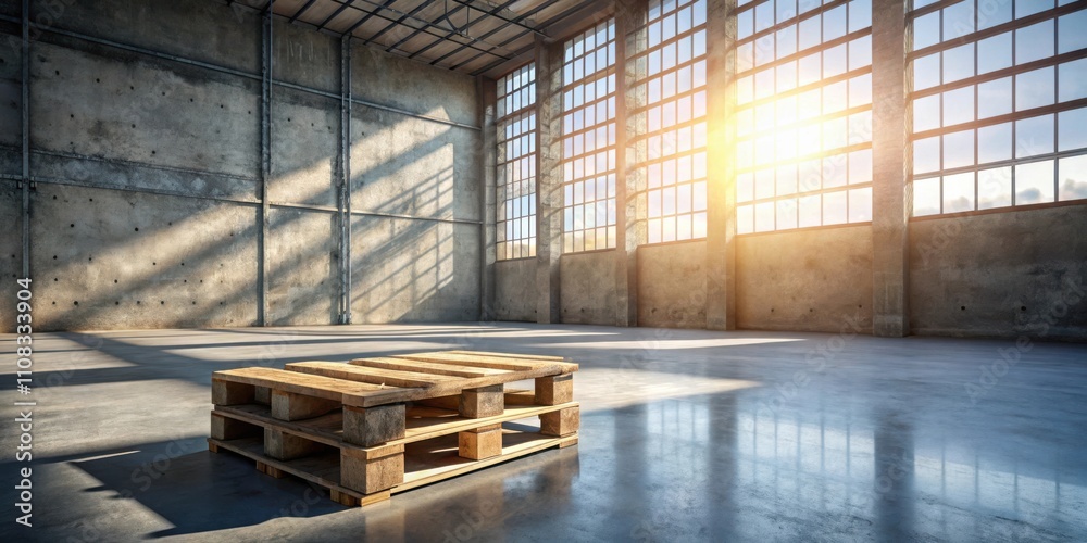Poster a single wooden pallet resting on a smooth concrete floor in a spacious industrial warehouse with la