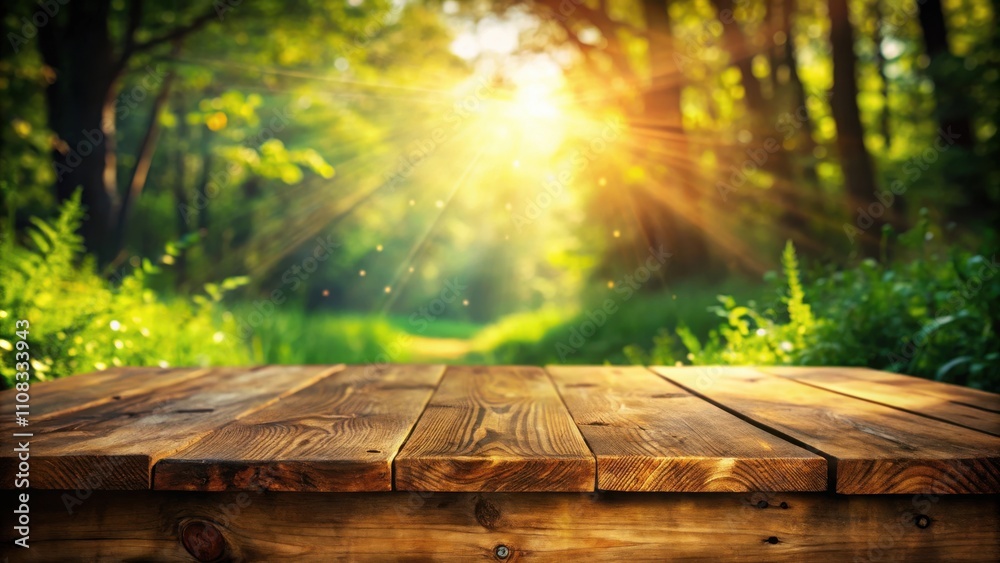 Poster wooden table surface with a blurred background of a sunny forest clearing with green foliage