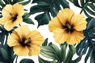 Illustration with green tropical leaves and yellow flowers in bloom on white background