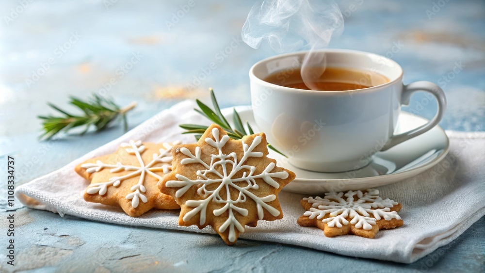 Poster steaming cup of tea with snowflake cookies on a white napkin and a blue textured background
