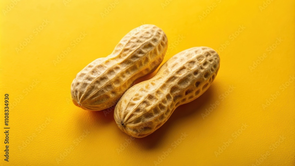 Poster a pair of peanut shells on a yellow background, showcasing their textured surface and natural shape.