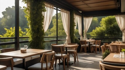 Fototapeta premium Serene Restaurant Interior with Nature View