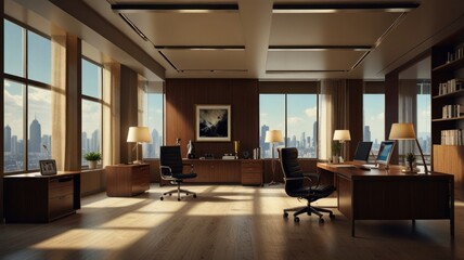 Fototapeta premium Here's a caption and keywords for your stock photo.. Sunlit modern executive office with city view, hardwood floors, large windows, and two desks.