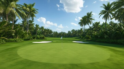 Fototapeta premium A golf course with a green grassy field and a white flag