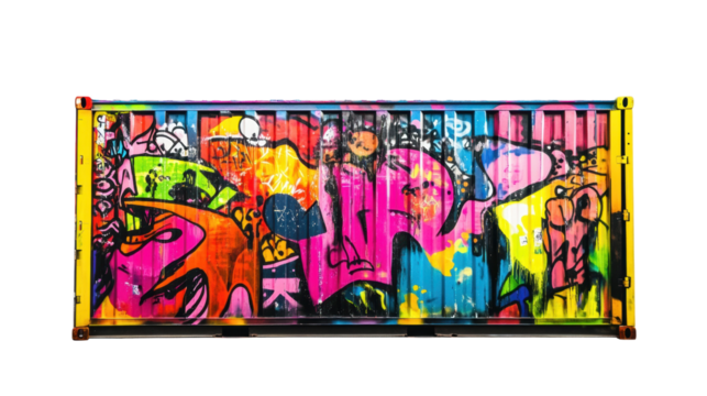Colorful graffiti art covering entire shipping container on transparent background